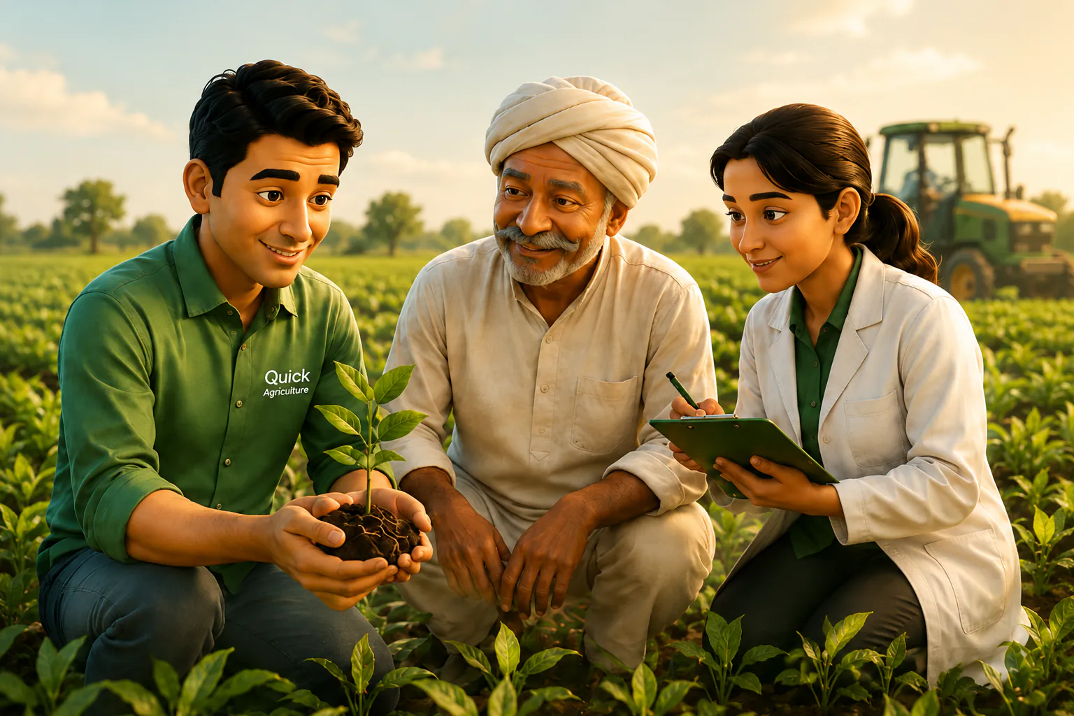Quick Agriculture professional, farmer and researcher together in a field